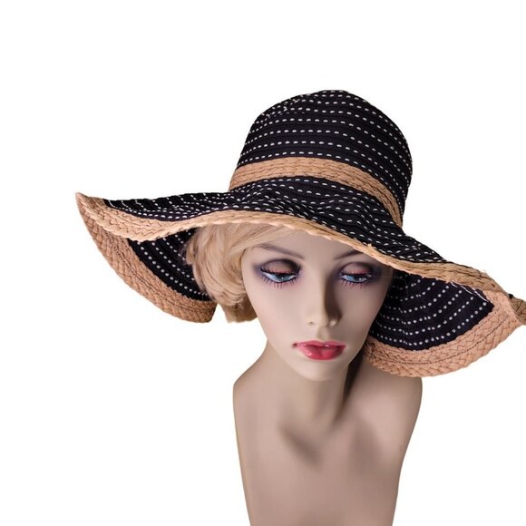 BIG Brim Black White Natural Straw colored Raffia Edged Floppy Hat - Picture 3 of 10